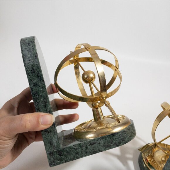 Green Marble Armillary Sphere Bookends With Brass Accents - Picture 8 of 11
